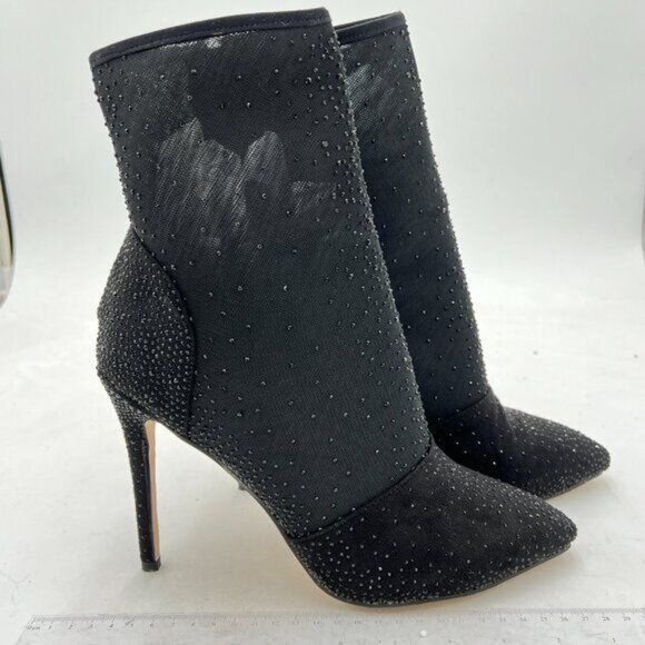 Black High Heel Ankle Boots Studded Closed Pointed Toe Stilettos Zipper Shoes - Picture 3 of 6